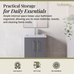 Balterley Bathroom Vanity Basin Unit, Chrome Handles, 500mm, Satin Grey - thumbnail 4