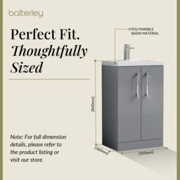 Balterley Bathroom Vanity Basin Unit, Chrome Handles, 500mm, Satin Grey - thumbnail 5