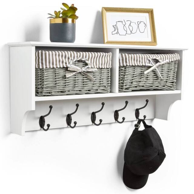 NESTLUNE Wall Mounted White Coat Rack Shelf With Wicker Storage Baskets - Size: 100 cm x 100 cm - image 1