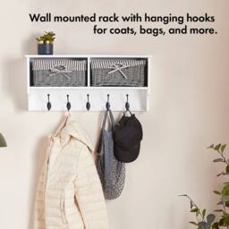 NESTLUNE Wall Mounted White Coat Rack Shelf With Wicker Storage Baskets - Size: 100 cm x 100 cm - thumbnail 3