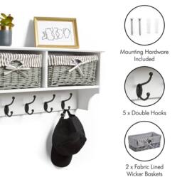 NESTLUNE Wall Mounted White Coat Rack Shelf With Wicker Storage Baskets - Size: 100 cm x 100 cm - thumbnail 5