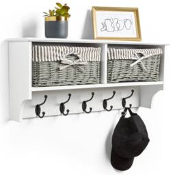 NESTLUNE Wall Mounted White Coat Rack Shelf With Wicker Storage Baskets - Size: 100 cm x 100 cm - thumbnail 1