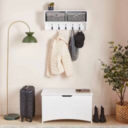 NESTLUNE Wall Mounted White Coat Rack Shelf With Wicker Storage Baskets - Size: 100 cm x 100 cm - thumbnail 6