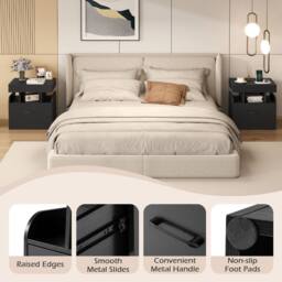 Costway Wooden Nightstand Modern Bedside Table w/ Drawer & Charging Outlets in Black - thumbnail 9