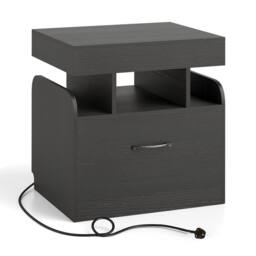 Costway Wooden Nightstand Modern Bedside Table w/ Drawer & Charging Outlets in Black - thumbnail 5