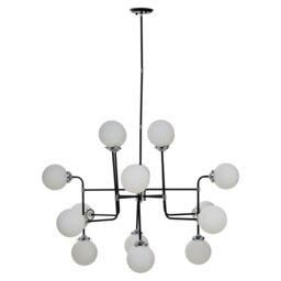 Orsina Black & Chrome 16 Arm Pendant Light, Modern Spherical Glass Ceiling Fixture, Head Design with White Shades