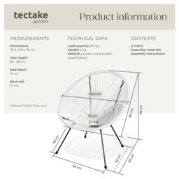 tectake Garden chairs in retro design (set of 2) in White - Size: 2 Seater - thumbnail 6