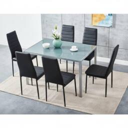 KOSY KOALA Grey Glass Table Set With 6 Black Metal Chair Kitchen Dining Furniture - Size: 120 cm x 70 cm - thumbnail 1