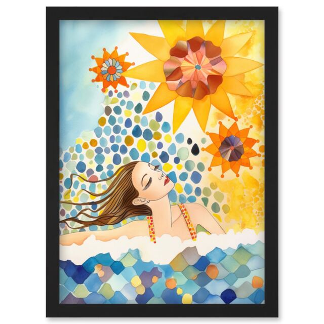 Artery8 Abstract Sea Swimming Folk Art Bathroom Artwork Framed Wall Art Print A4 in Black - image 1