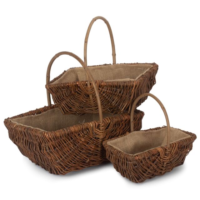 Red Hamper Wicker Set of 3 Rectangular Unpeeled Willow Garden Trug With Hessian Lining in Brown - image 1