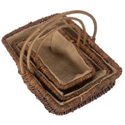 Red Hamper Wicker Set of 3 Rectangular Unpeeled Willow Garden Trug With Hessian Lining in Brown - thumbnail 4