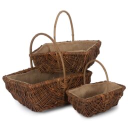 Red Hamper Wicker Set of 3 Rectangular Unpeeled Willow Garden Trug With Hessian Lining in Brown - thumbnail 1