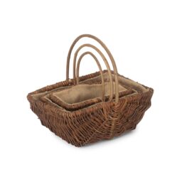 Red Hamper Wicker Set of 3 Rectangular Unpeeled Willow Garden Trug With Hessian Lining in Brown - thumbnail 3