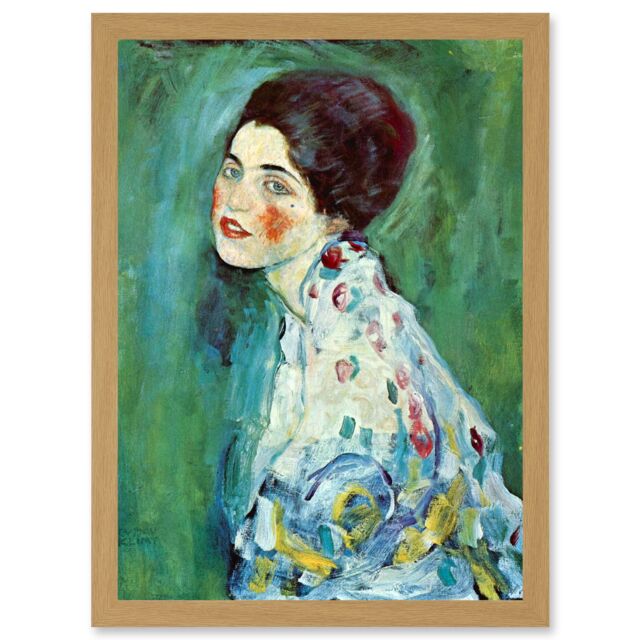 Artery8 Gustav Klimt Portrait Of A Lady Japonism Green Home Painting A4 Artwork Framed Wall Art Print in Light Oak - image 1