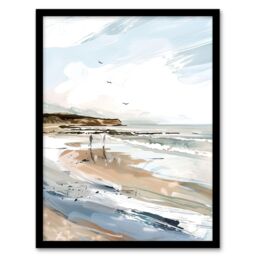 "Artery8 Filey Beach Watercolour Coastal Landscape England Framed Art Print in Beige - Size: W12"" x H16""" - thumbnail 1