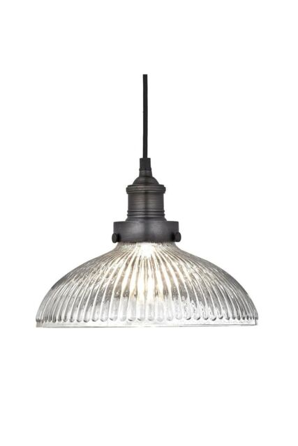 Industville Brooklyn Glass Dome Pendant, 12 Inch, Pewter Holder in Dark Grey