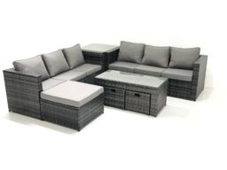 Fimous Garden Outdoor Rattan Furniture Set with Sofa Coffee table 3 Footstools Side Table Dark Grey Mixed - thumbnail 2