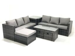 Fimous Garden Outdoor Rattan Furniture Set with Sofa Coffee table 3 Footstools Side Table Dark Grey Mixed - thumbnail 1