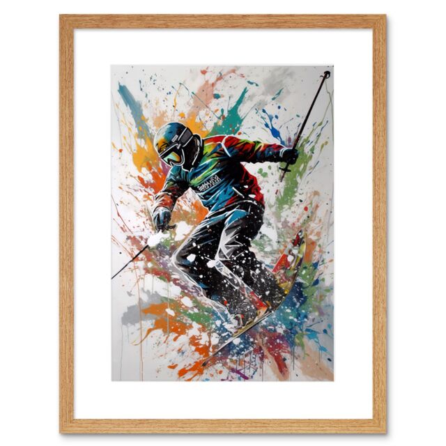 "Artery8 Wall Art Print Skier Skiing Multicoloured Paint Splat Action Shot Artwork Framed 9X7 Inch in Beige - Size: W7"" x H9""" - image 1