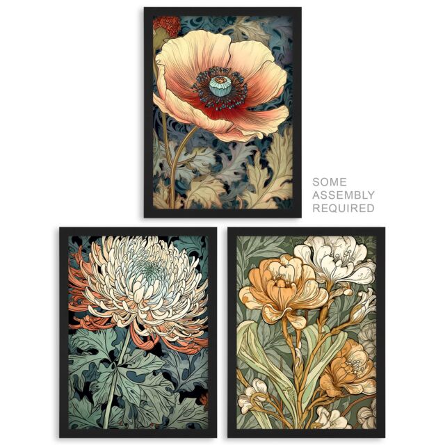 Artery8 A4 Wall Art & Frame Set of 3 Anemone Chrysanthemum Freesia Flowers in Pale Orange - image 1