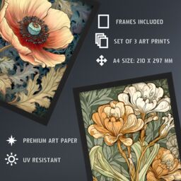 Artery8 A4 Wall Art & Frame Set of 3 Anemone Chrysanthemum Freesia Flowers in Pale Orange - thumbnail 3
