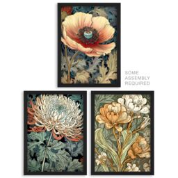 Artery8 A4 Wall Art & Frame Set of 3 Anemone Chrysanthemum Freesia Flowers in Pale Orange - thumbnail 1