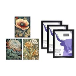 Artery8 A4 Wall Art & Frame Set of 3 Anemone Chrysanthemum Freesia Flowers in Pale Orange - thumbnail 5