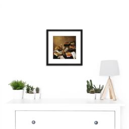 Artery8 Vanitas Still Life With Books Painting 8X8 Inch Square Wooden Framed Wall Art Print Picture with Mount in Black - thumbnail 2