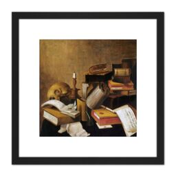 Artery8 Vanitas Still Life With Books Painting 8X8 Inch Square Wooden Framed Wall Art Print Picture with Mount in Black - thumbnail 1