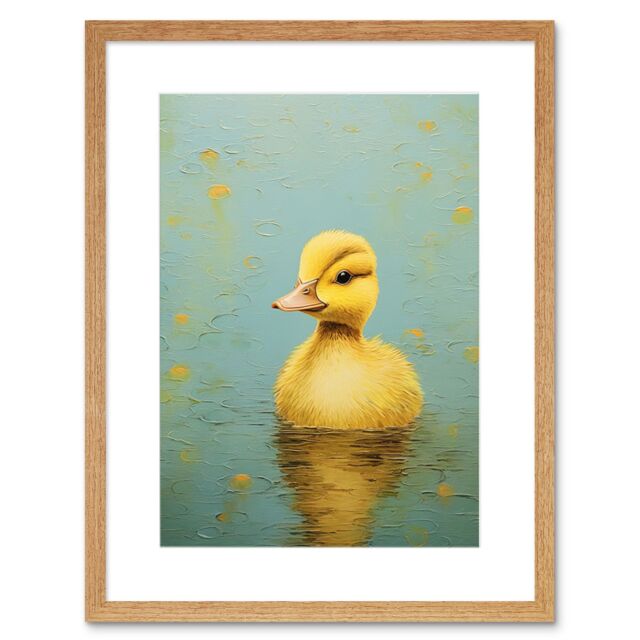 "Artery8 Wall Art Print Duckling on the Water Oil Painting Yellow & Duck Egg Blue Baby Artwork Framed 9X7 Inch in Beige - Size: W7"" x H9""" - image 1