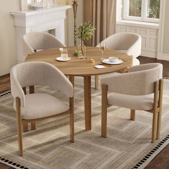 Matteo Set of 4 Linen Upholstered Dining Chairs with Wood Grain Metal Frame in Beige - image 1