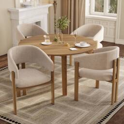 Matteo Set of 4 Linen Upholstered Dining Chairs with Wood Grain Metal Frame in Beige - thumbnail 1