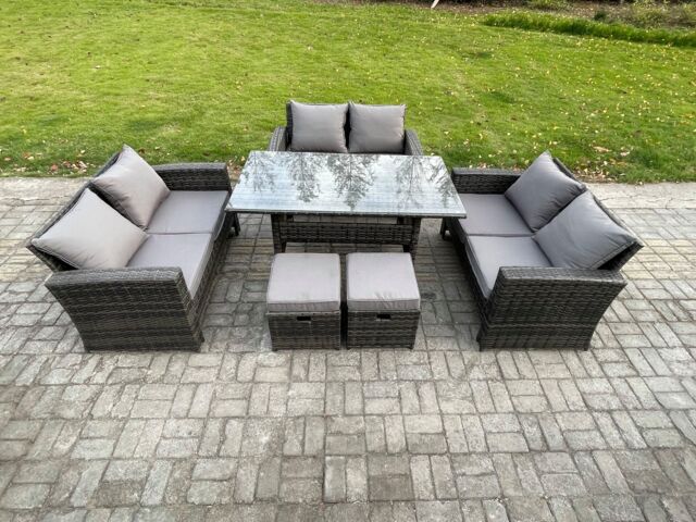 Fimous Wicker PE Rattan Garden Furniture Sets Outdoor Lounge Sofa Set with Oblong Dining Table Double Seat Sofa Dark Grey Mixed - image 1