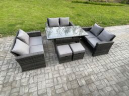 Fimous Wicker PE Rattan Garden Furniture Sets Outdoor Lounge Sofa Set with Oblong Dining Table Double Seat Sofa Dark Grey Mixed - thumbnail 2