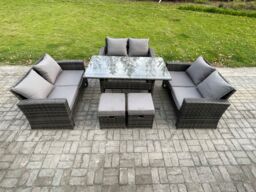 Fimous Wicker PE Rattan Garden Furniture Sets Outdoor Lounge Sofa Set with Oblong Dining Table Double Seat Sofa Dark Grey Mixed - thumbnail 1