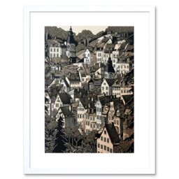 "Artery8 Wall Art Print Black Forest City Baden Monochrome Cityscape Artwork Framed 9X7 Inch in White - Size: W7"" x H9""" - thumbnail 1