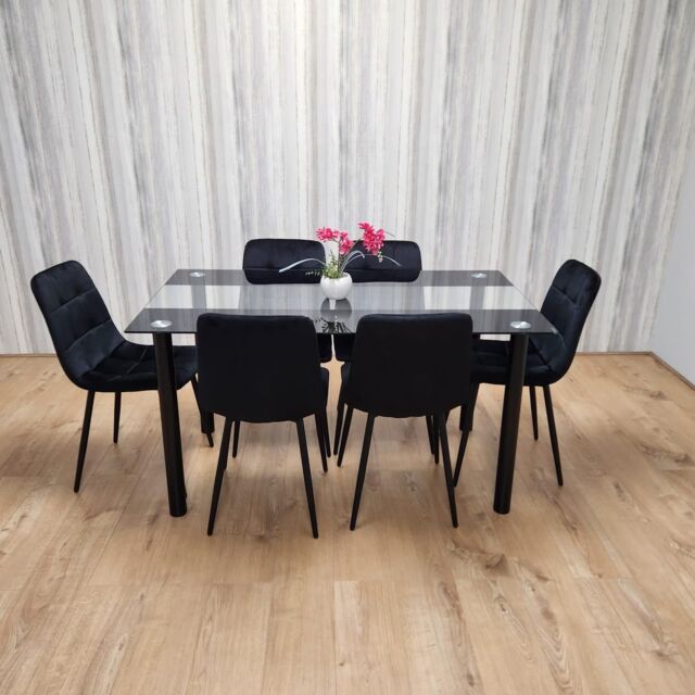 KOSY KOALA Black Clear Glass Dining Table With 6 Black Tufted Velvet Chairs Kitchen Dining Set - Size: 140 cm x 80 cm - image 1
