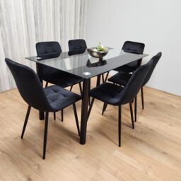KOSY KOALA Black Clear Glass Dining Table With 6 Black Tufted Velvet Chairs Kitchen Dining Set - Size: 140 cm x 80 cm - thumbnail 4