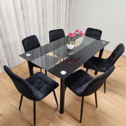 KOSY KOALA Black Clear Glass Dining Table With 6 Black Tufted Velvet Chairs Kitchen Dining Set - Size: 140 cm x 80 cm - thumbnail 2