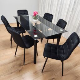 KOSY KOALA Black Clear Glass Dining Table With 6 Black Tufted Velvet Chairs Kitchen Dining Set - Size: 140 cm x 80 cm - thumbnail 5