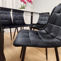 KOSY KOALA Black Clear Glass Dining Table With 6 Black Tufted Velvet Chairs Kitchen Dining Set - Size: 140 cm x 80 cm - thumbnail 6