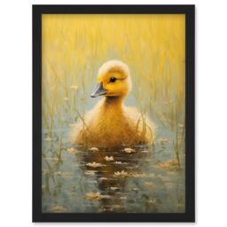 Artery8 Wall Art Print Cute Yellow Ducking in Countryside Pond Oil Painting Kids Bedroom Baby Duck Bright Artwork Framed A4 in Black - thumbnail 1