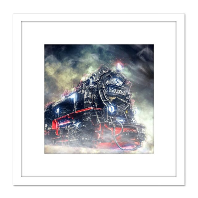 Artery8 Steam Engine Locomotive Train Engine Graphic 8X8 Inch Square Wooden Framed Wall Art Print Picture with Mount in White - image 1