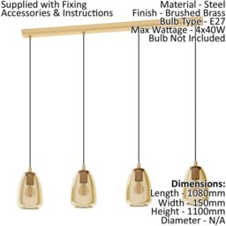 Loops Pendant Light Colour Brushed Brass Shade Amber Glass Vaporized Bulb E27 4x40W in Clear - thumbnail 2