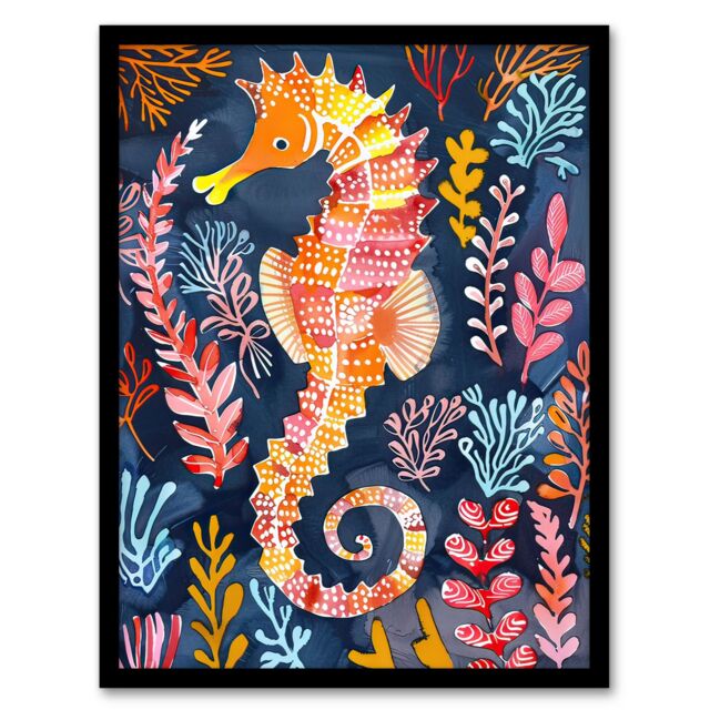 "Artery8 Vibrant Seahorse Colourful Coral Reef Folk Art Framed Wall Art - Size: W12"" x H16""" - image 1