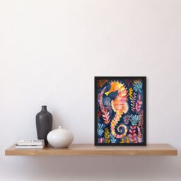 "Artery8 Vibrant Seahorse Colourful Coral Reef Folk Art Framed Wall Art - Size: W12"" x H16""" - thumbnail 4