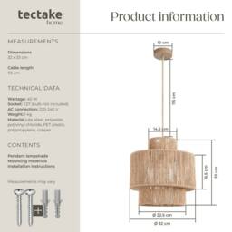 tectake Pendant Light Allegra In 3 Tiers, Jute Fibre & Boho Chic Design in Natural - thumbnail 6