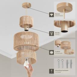 tectake Pendant Light Allegra In 3 Tiers, Jute Fibre & Boho Chic Design in Natural - thumbnail 3