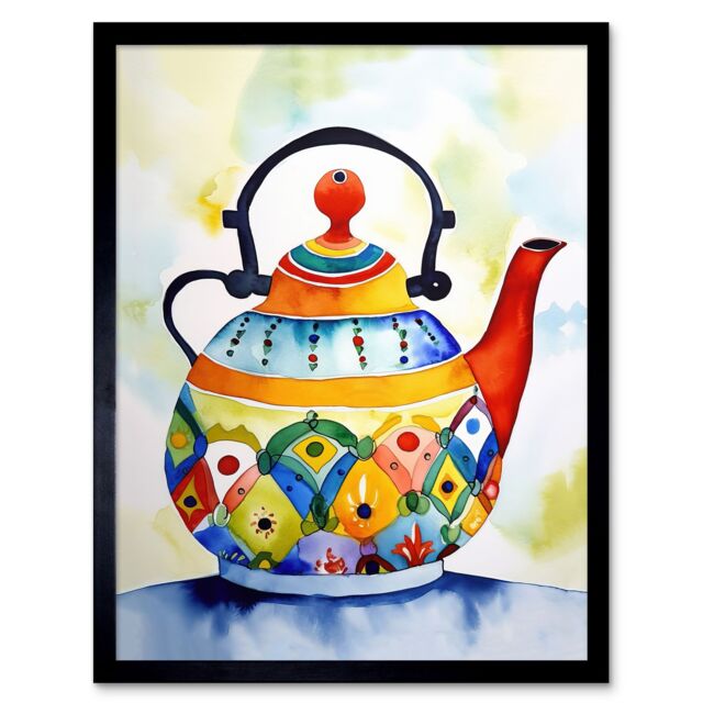 "Artery8 Wall Art Print Enamelled Patterned Teapot Tea Kettle Folk Art Watercolour Painting Art Framed in Black - Size: W12"" x H16""" - image 1