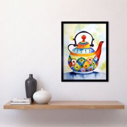"Artery8 Wall Art Print Enamelled Patterned Teapot Tea Kettle Folk Art Watercolour Painting Art Framed in Black - Size: W12"" x H16""" - thumbnail 2